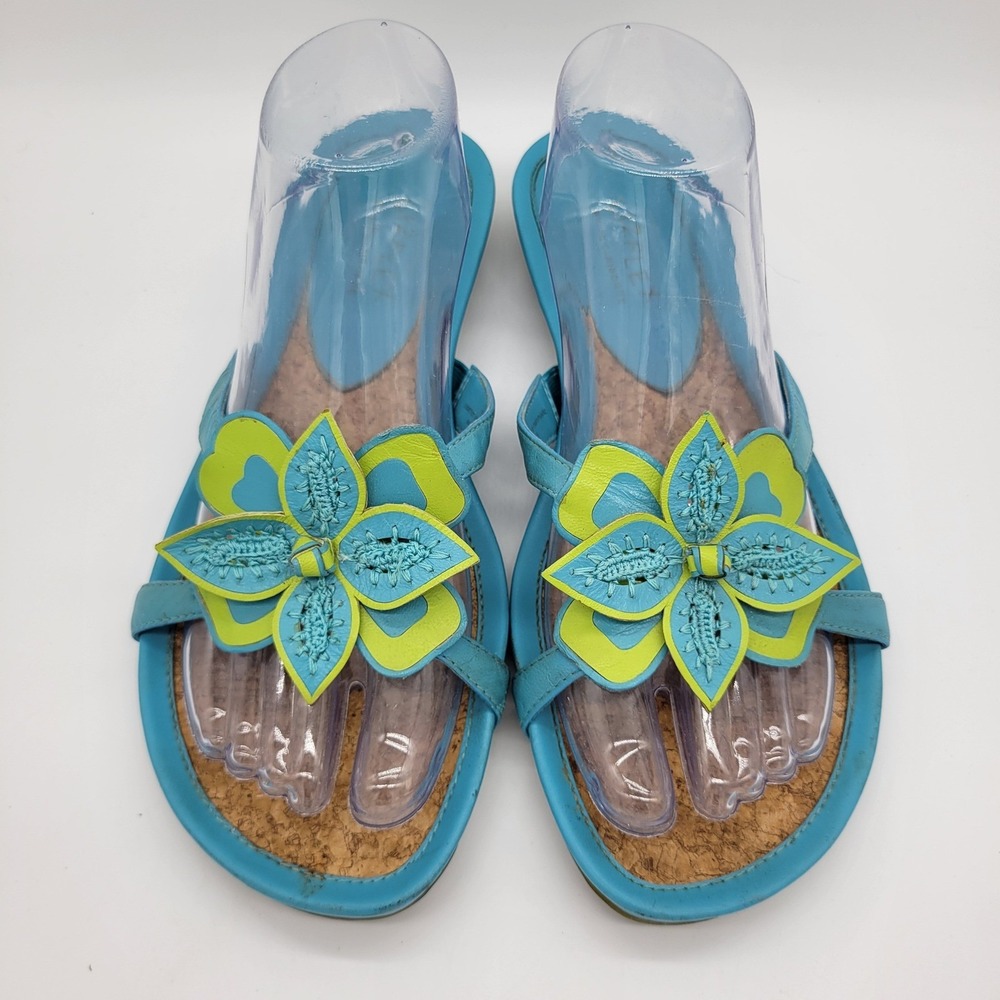 Liz Claiborne Lizflex Leather Tulip Blue Lime Flower Cork Sandals Womens 10M